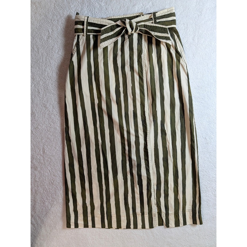 Marie Oliver Marti Olive Green Striped Cotton Midi Skirt Tie Waist Pockets 4